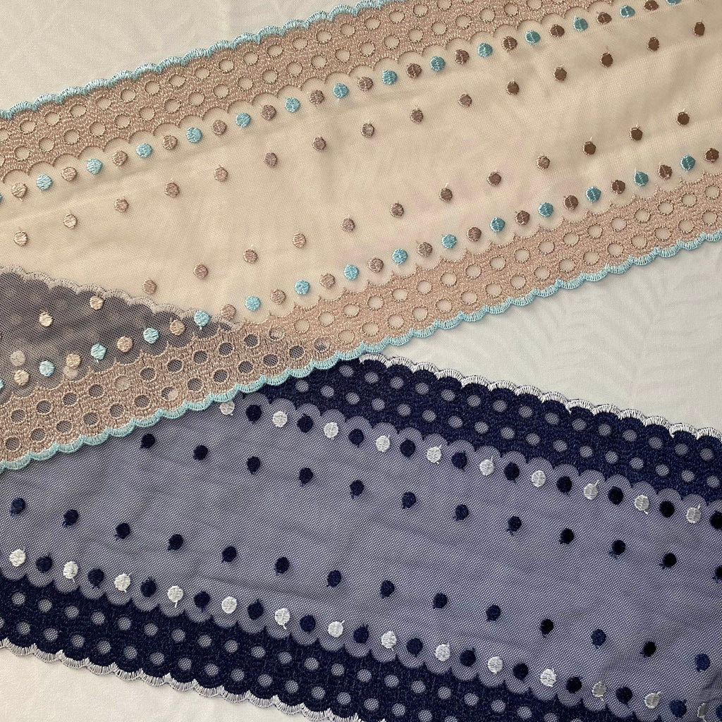 Embroidered Lace Mocha with Aqua Dots