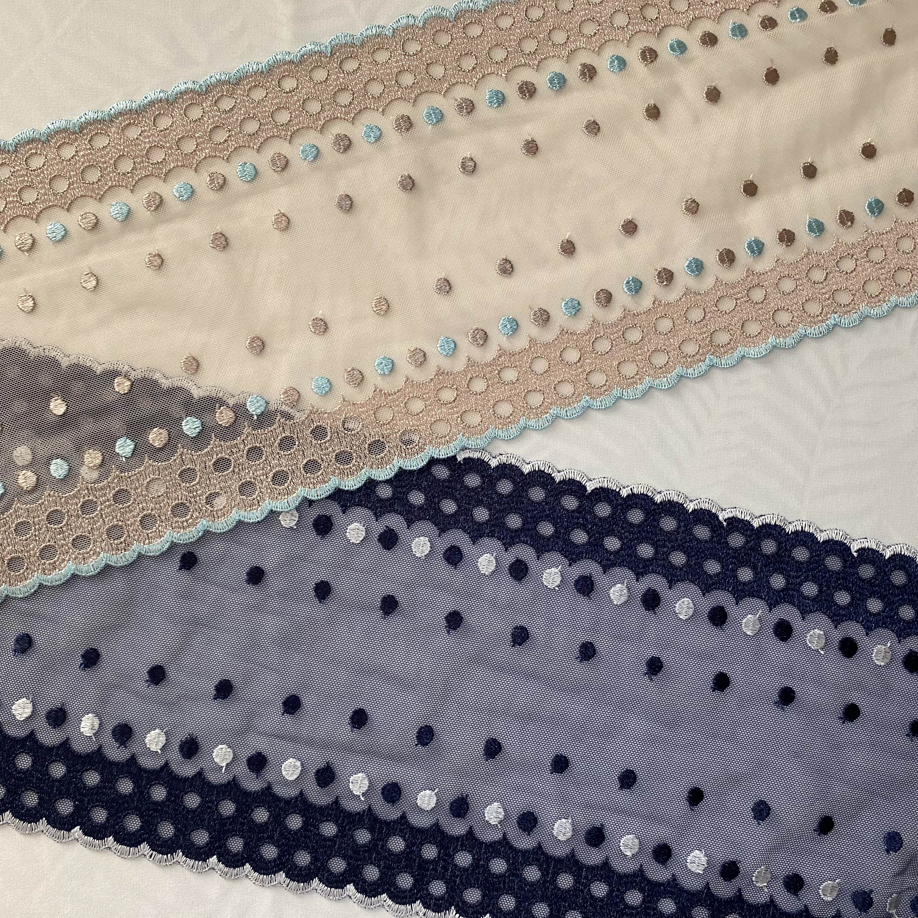 Embroidered Lace Mocha with Aqua Dots