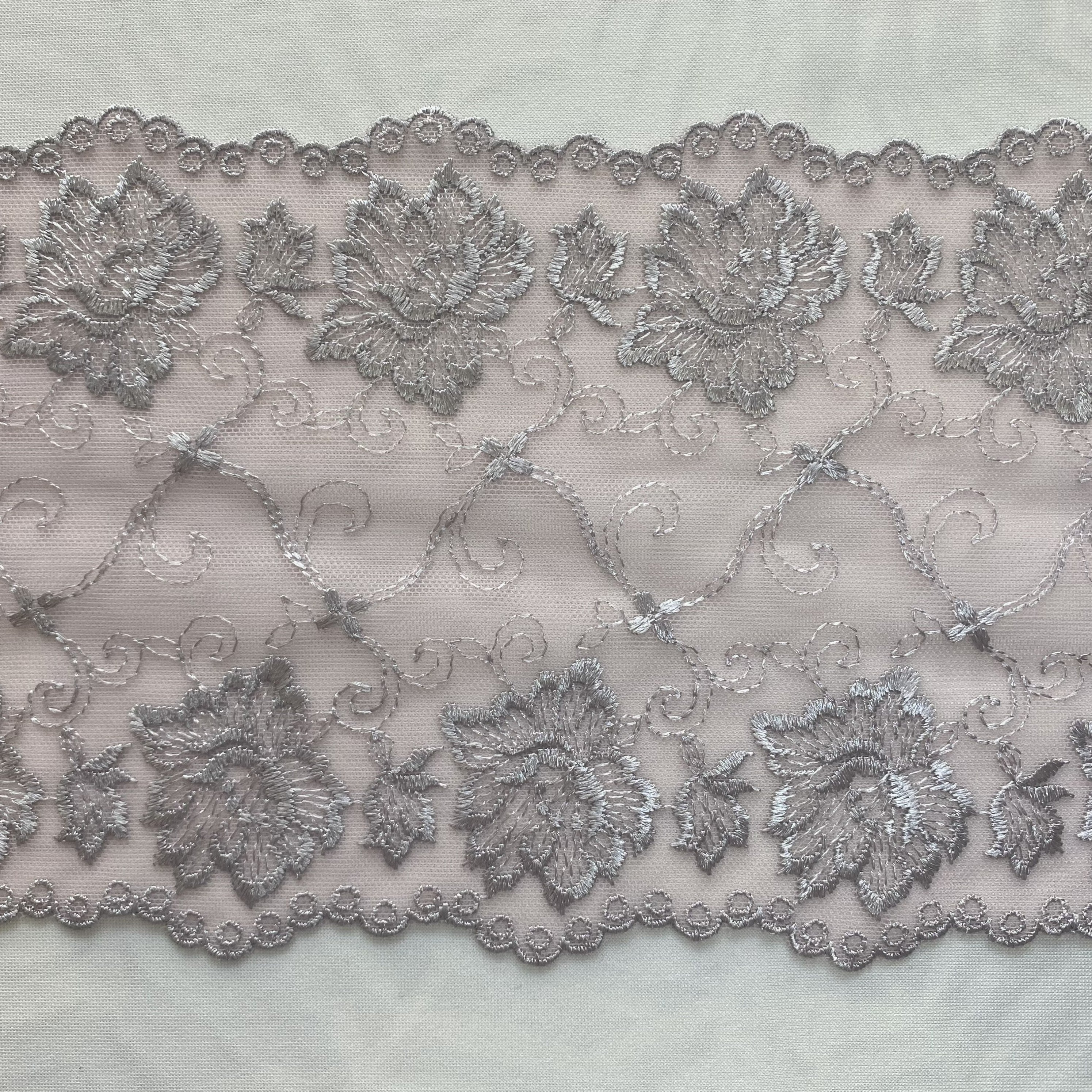 Embroidered Lace Pink with Silver Flowers