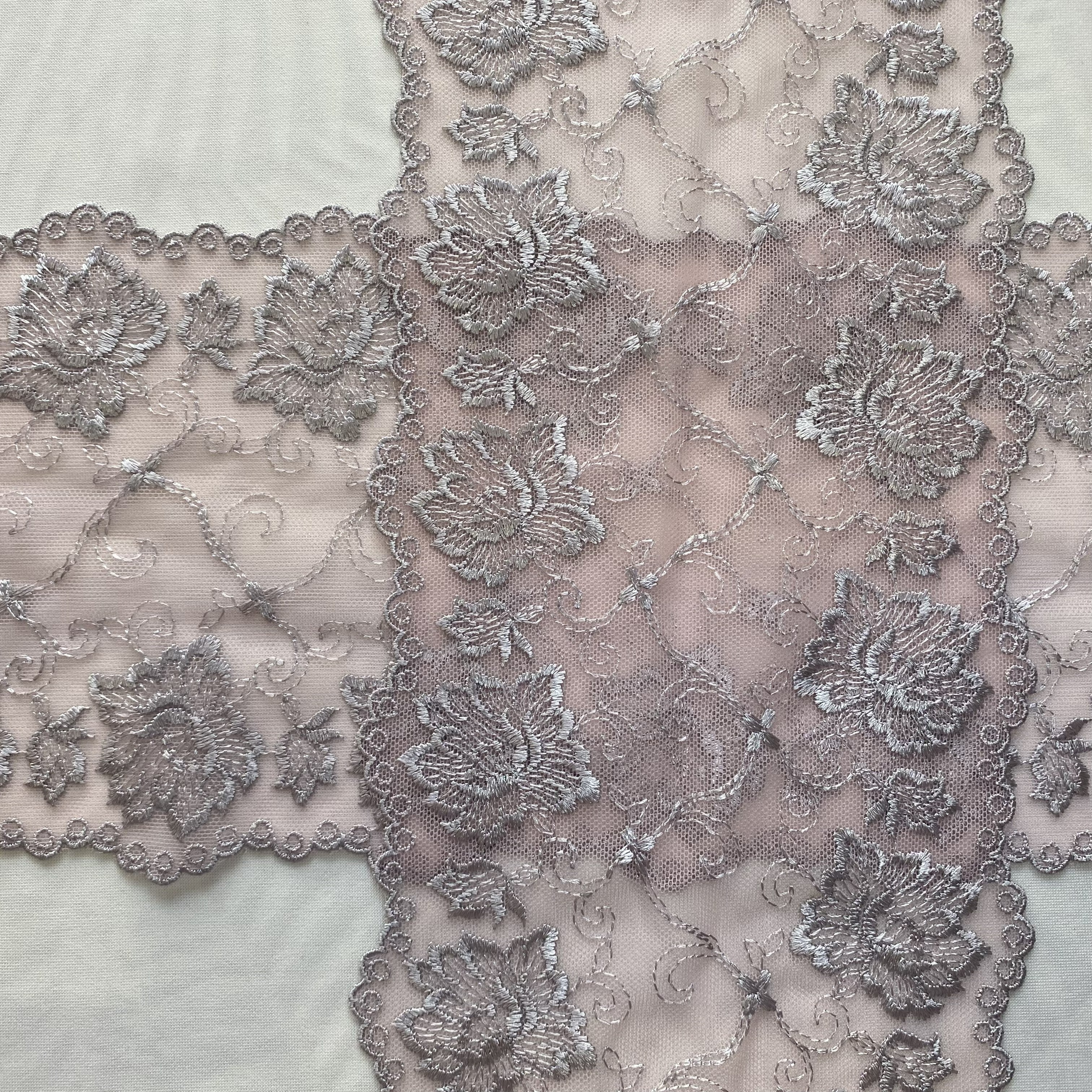 Embroidered Lace Pink with Silver Flowers