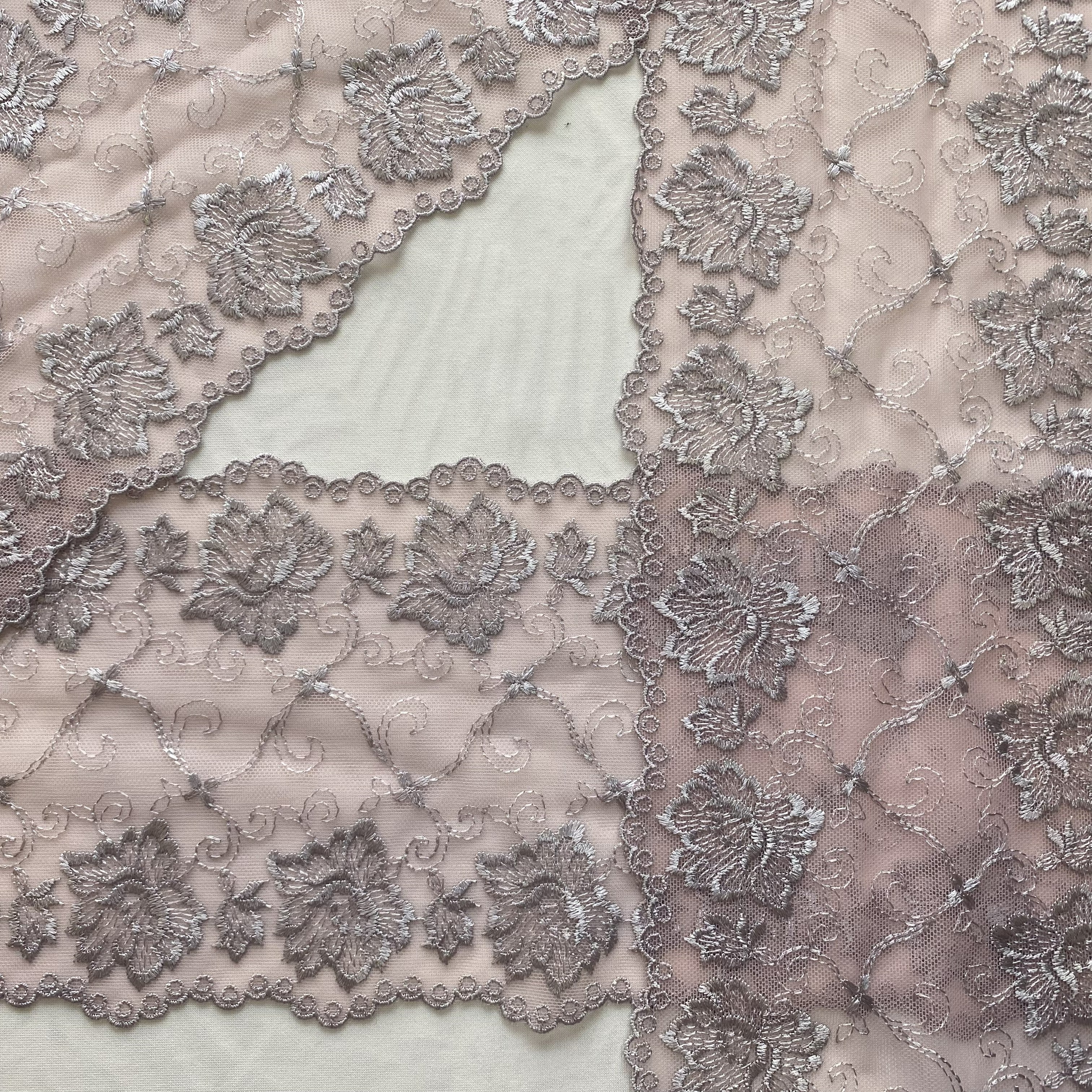 Embroidered Lace Pink with Silver Flowers