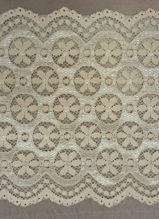 Beige stretch lace circles and daisies pattern 15cm wide