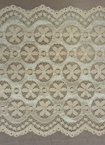 Beige stretch lace circles and daisies pattern 15cm wide