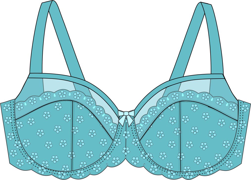 Teal bra drawing with floral lace details on a white background