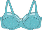 Teal bra drawing with floral lace details on a white background