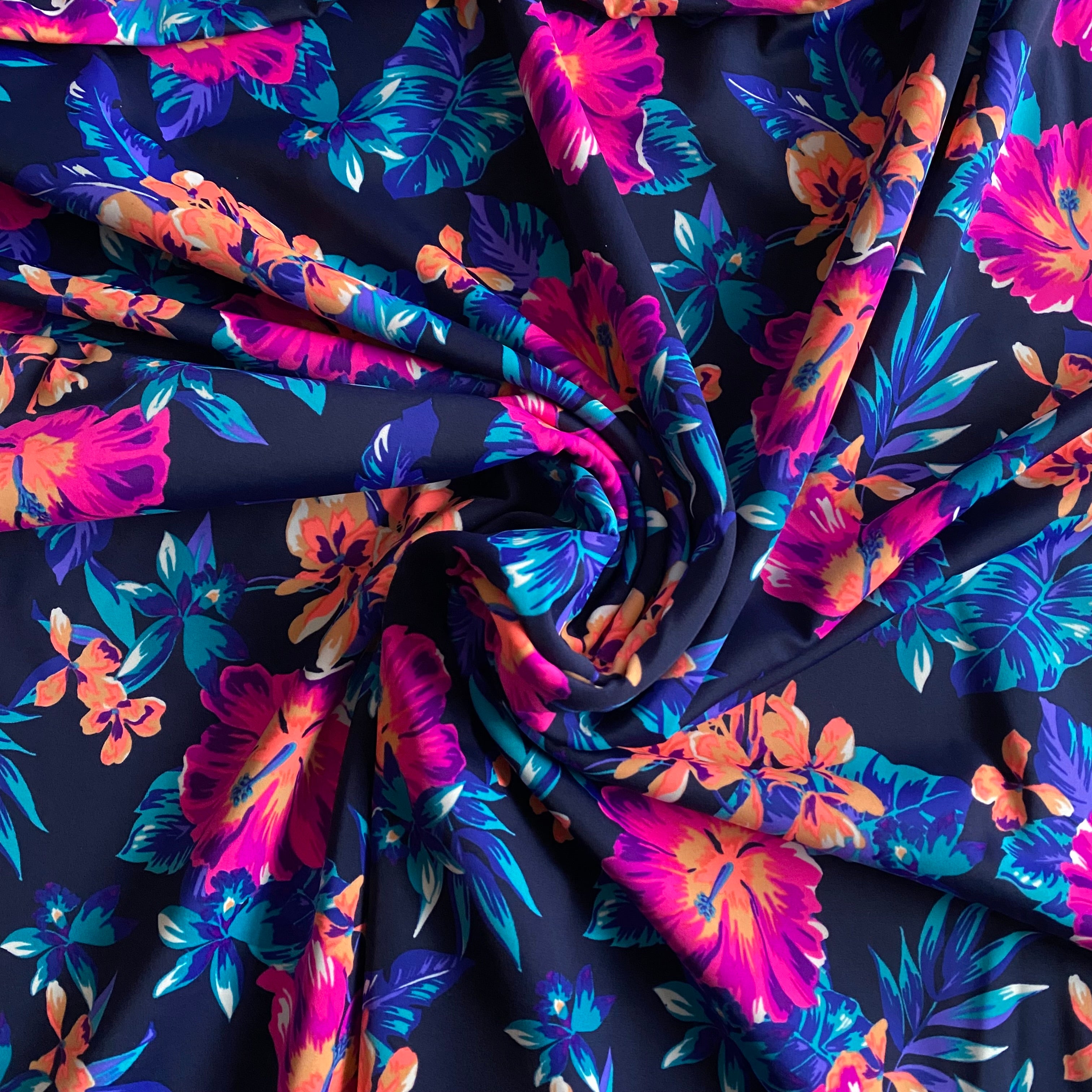 Lycra Printed Neon Hibiscus Flowers
