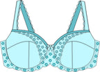 Light blue bra drawing with floral lace details on a white background