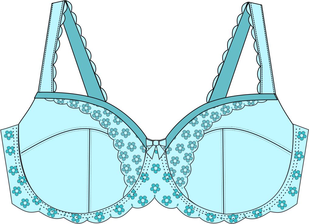 Light blue bra drawing with floral lace details on a white background