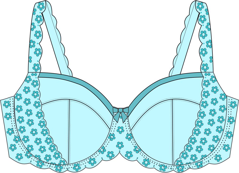 Light blue bra drawing with floral lace trim on a white background