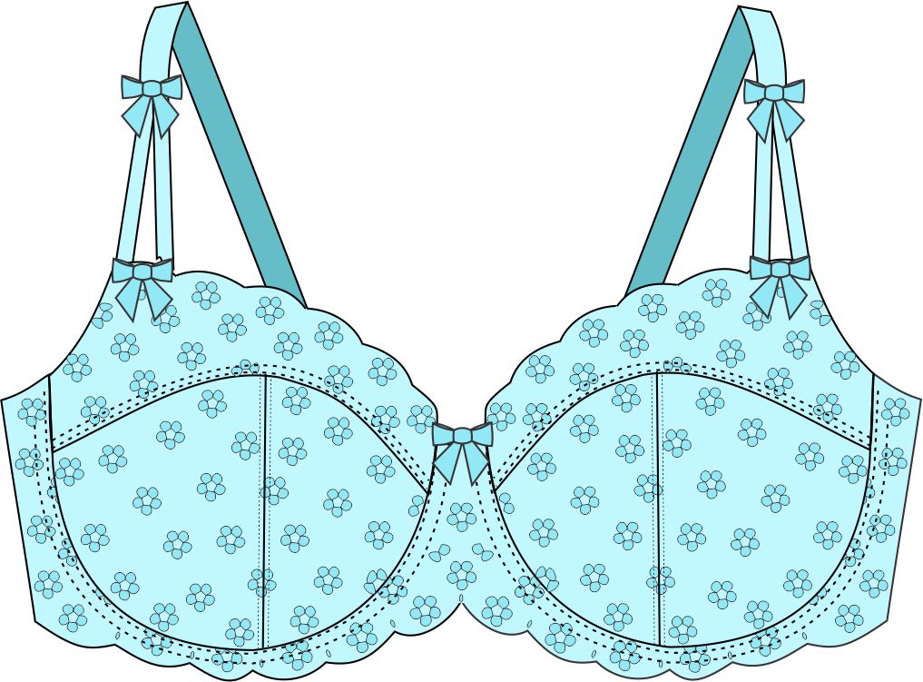 Light blue bra drawing with floral pattern and bow details on straps against a white background
