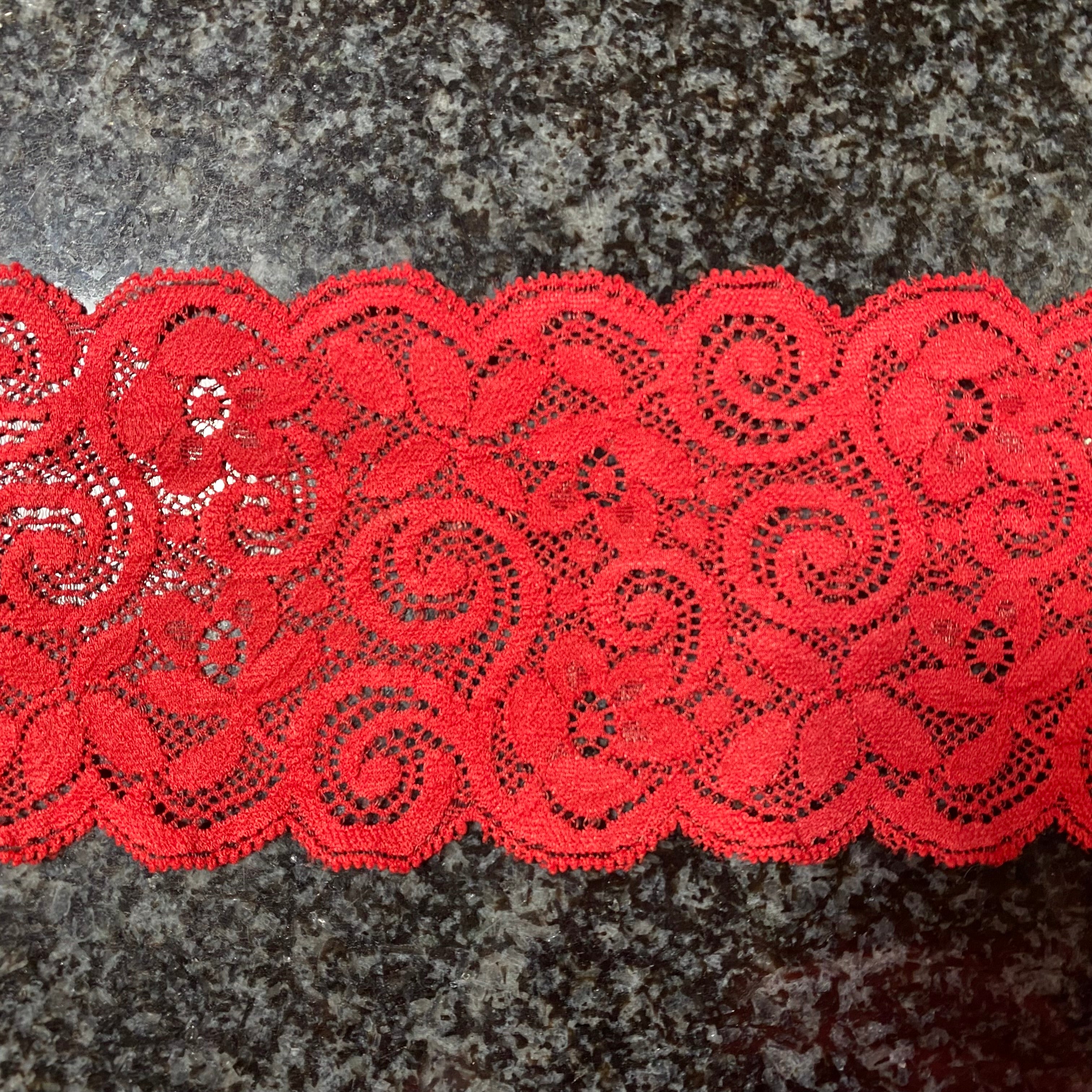 Stretch Lace Red Squiggles and Flowers 8cm