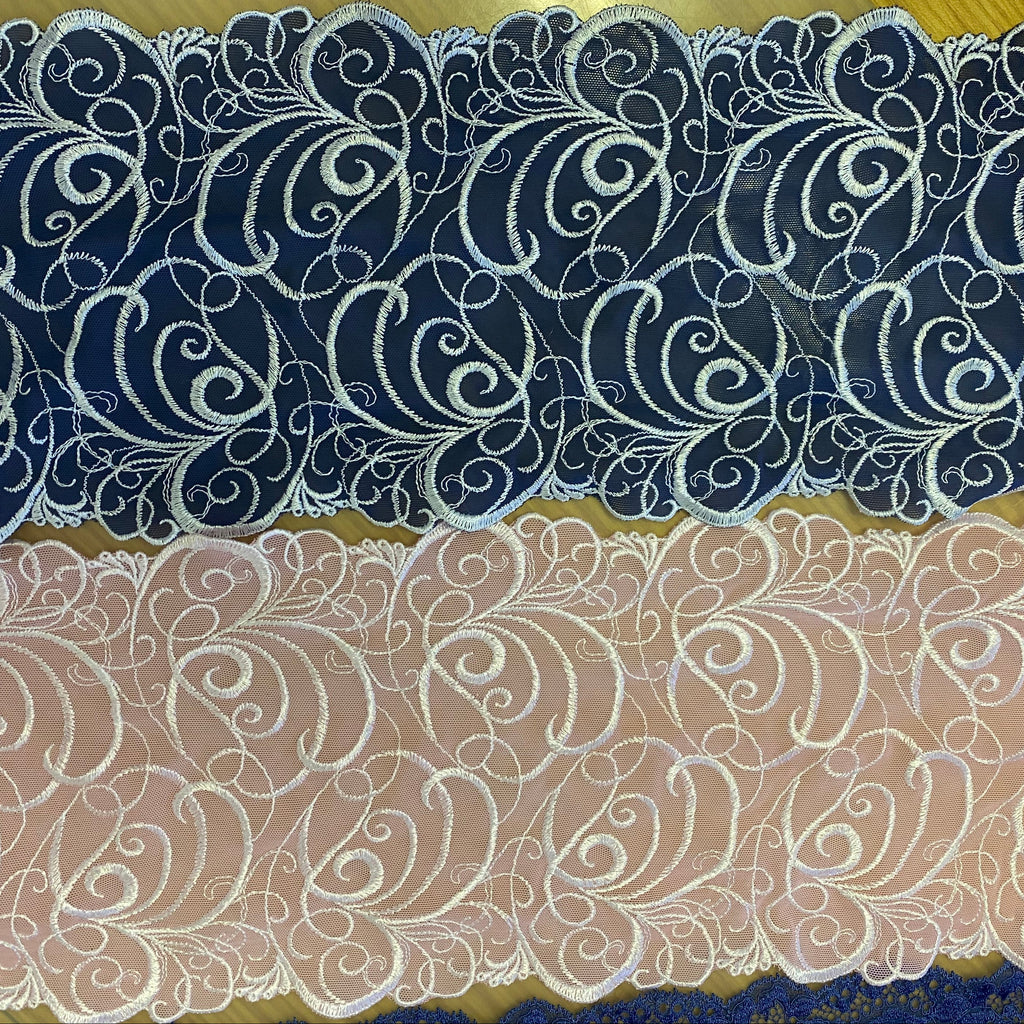 Stretch Lace Swirls White