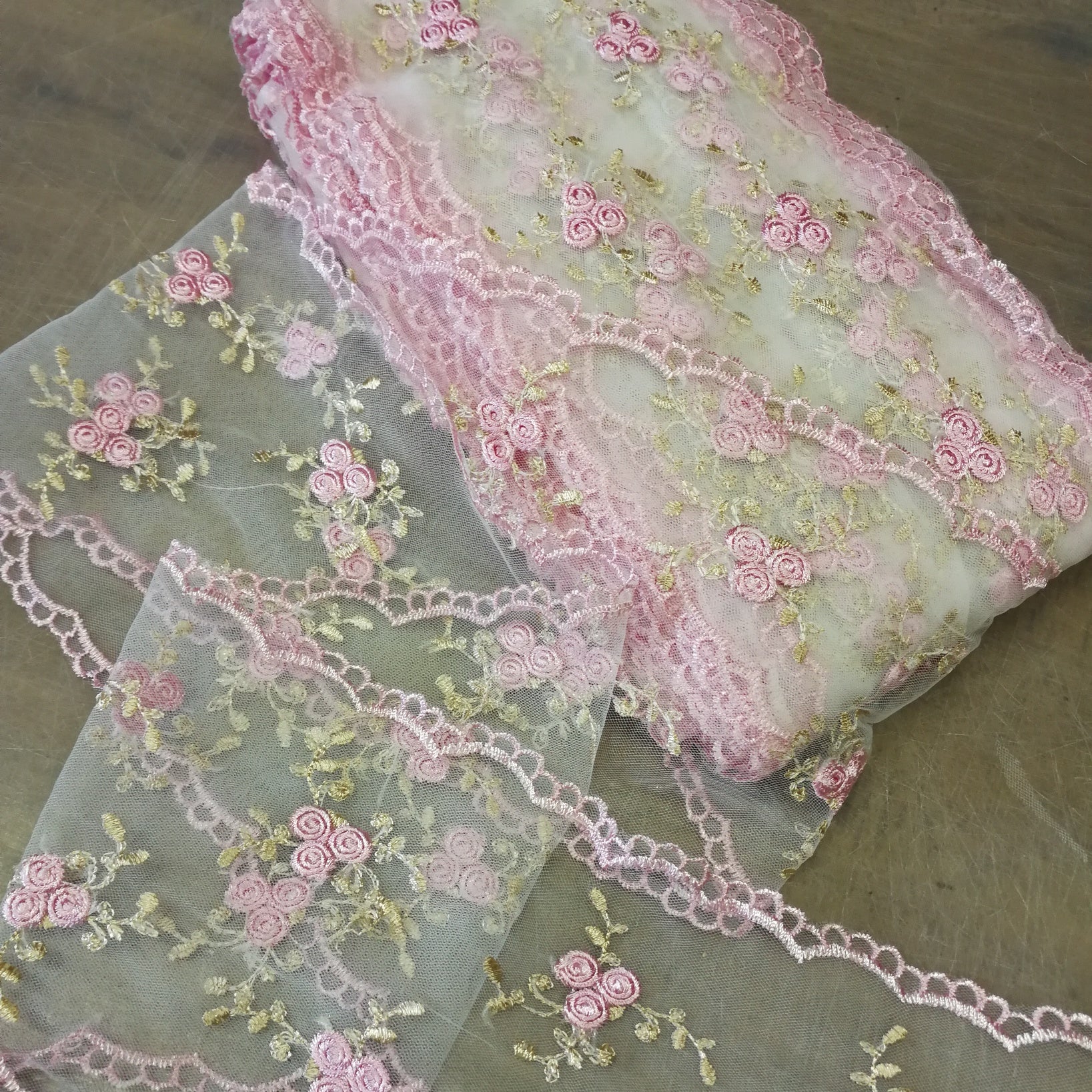 Pink and Gold Embroidered Lace