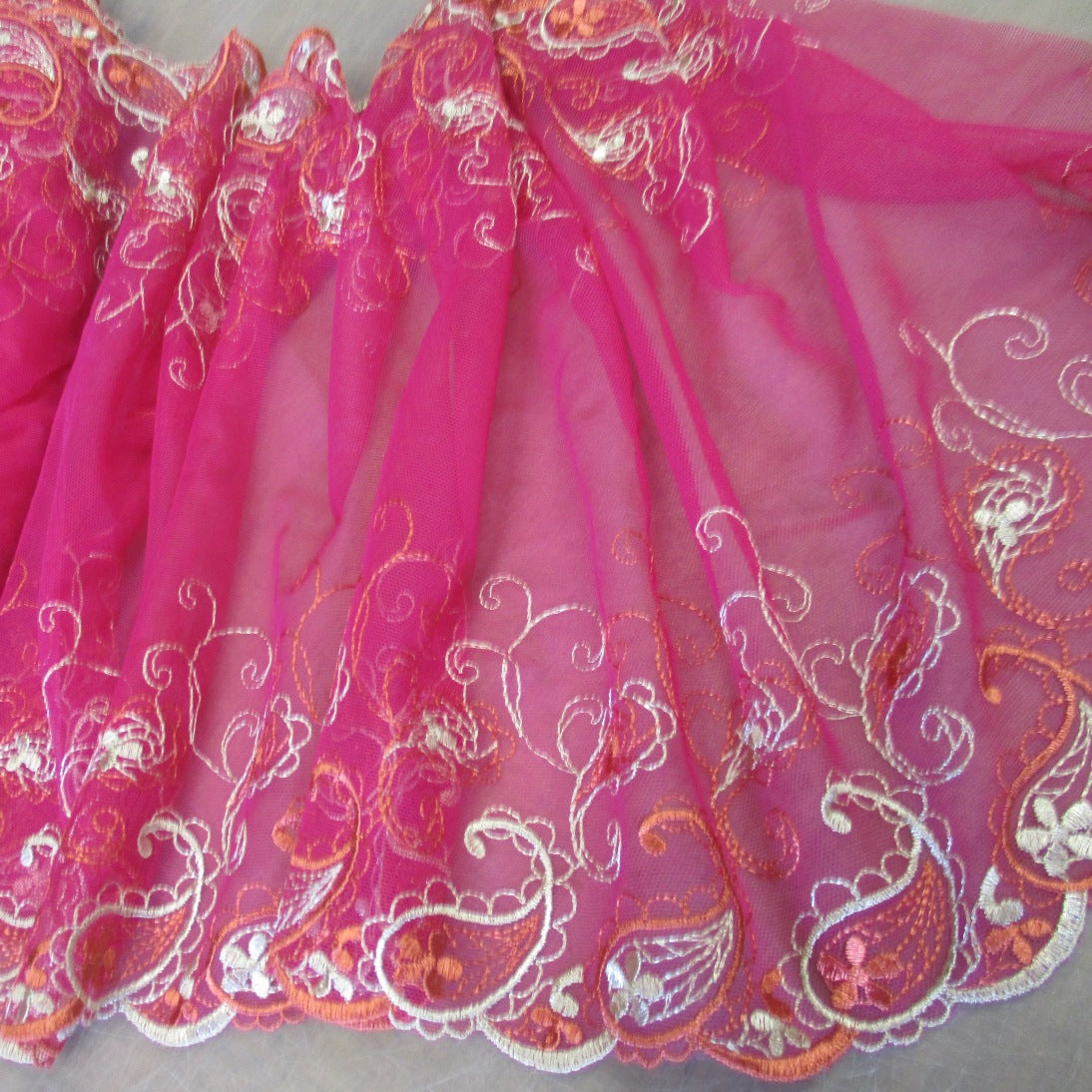 Cerise Non-Stretch Lace With Orange and Gold Embroidery
