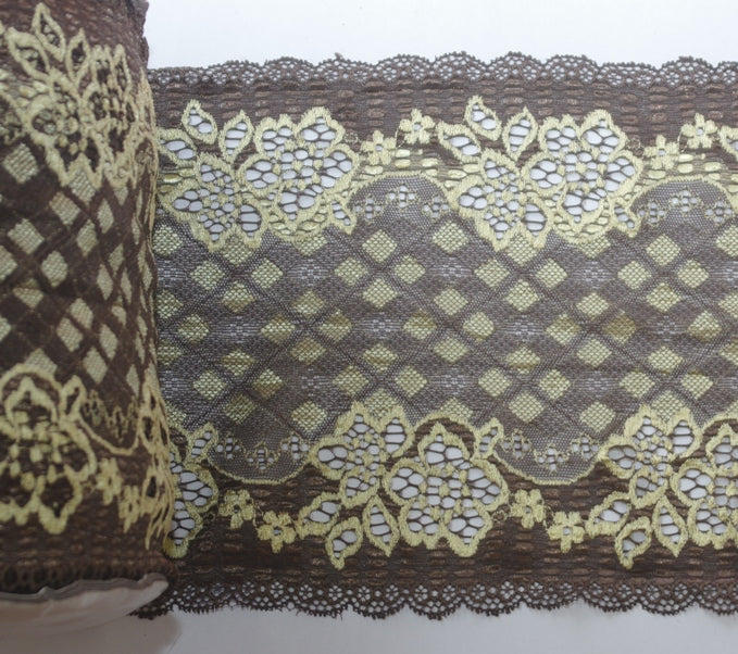 Brown and gold stretch lace