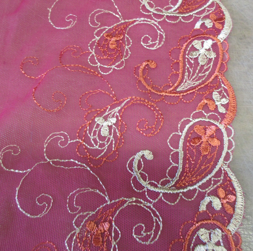 Cerise Non-Stretch Lace With Orange and Gold Embroidery
